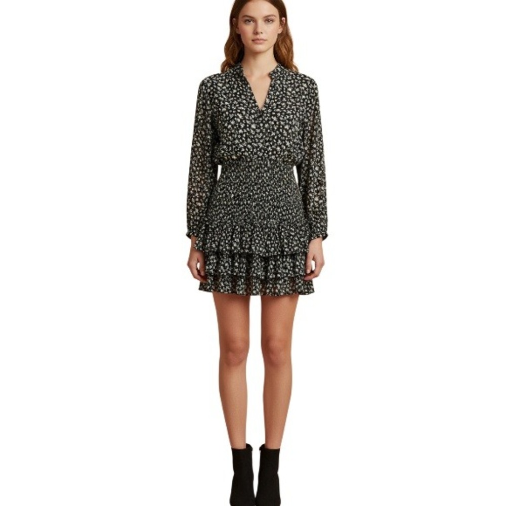 Sky to Moon Black Floral Smocked‎ Ruffle Tiered Dress Mini Size S
